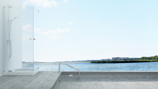 淋浴房的3d渲染和自然视图背景图片下载