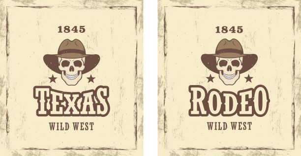 一套彩色插图的头骨在牛仔帽，星星和文字的背景与grunge纹理。图片下载