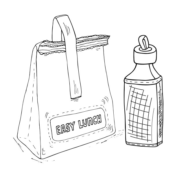 午餐盒和一个瓶子，手绘素描。保持冷静，看看午餐矢量图图片下载