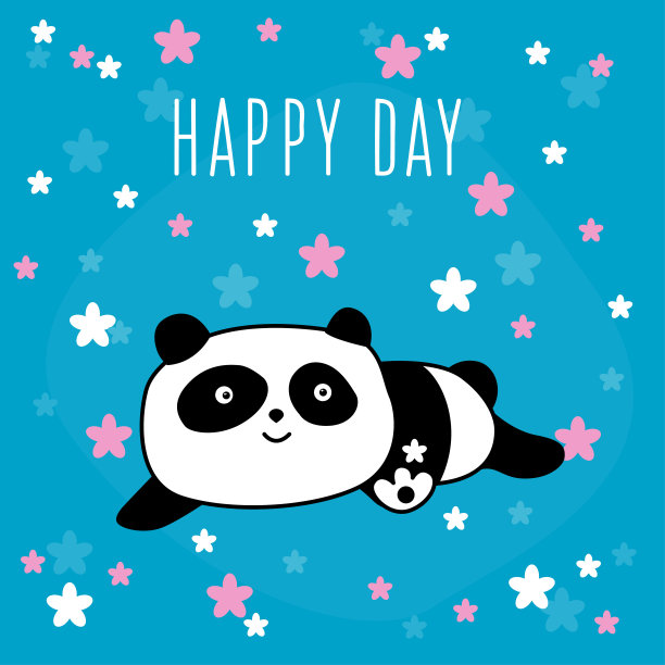 快乐小熊猫卡片背景。有趣的熊猫熊和花。儿童艺术设计兽医诊所海报，生日礼品卡，儿童聚会邀请，商店销售或t恤印花，袋封面等。图片下载