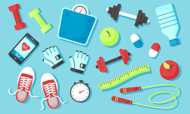 健身器材运动配件健身器材训练用品。前视图。饮食和健康的生活方式。向量图片下载