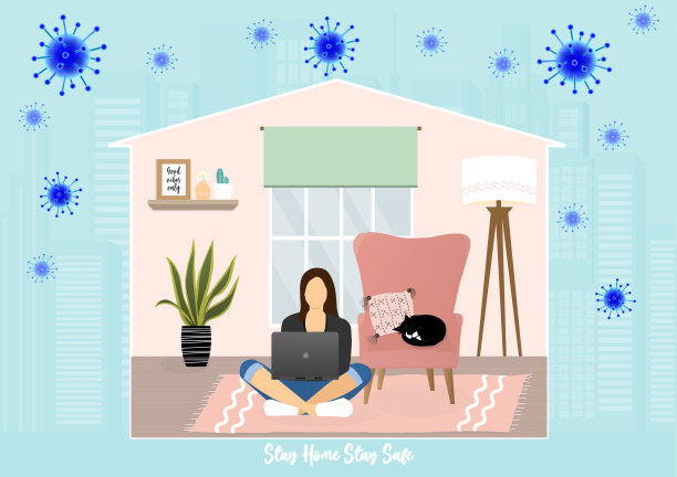 在Corona病毒爆发期间，一名妇女正在家中与一只熟睡的猫安全地工作。远程工作在家平面插图。图片下载