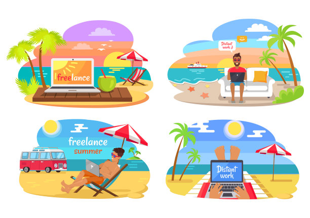 自由职业者和远程工作矢量插图图片下载