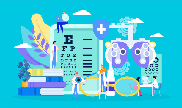 眼科，眼健康载体插图，卡通微型近视患者体检体检，验光概念背景图片下载