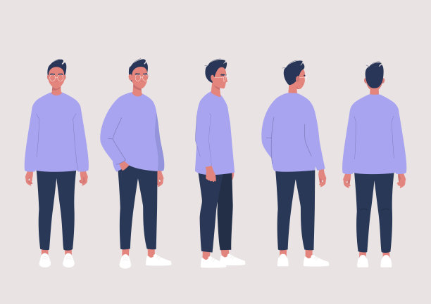 年轻男性角色的姿势收集:正面，侧面和背面的观点图片下载