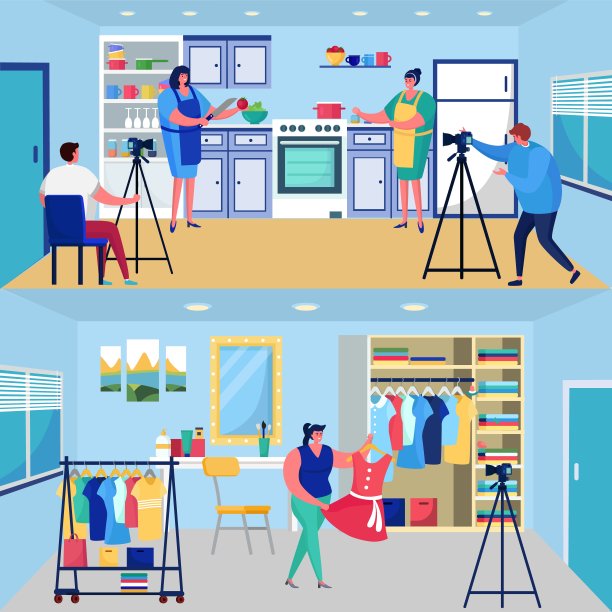 视频博主矢量插图：卡通女性角色在围裙中烹饪食物，人们传播博客内容，社交媒体视频博客节目图片下载