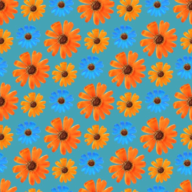 万寿菊,金盏花。插图，花的纹理。用于连续复制的无缝模式。花卉背景，照片拼贴为纺织品，棉布面料。用于墙纸，封面。图片下载