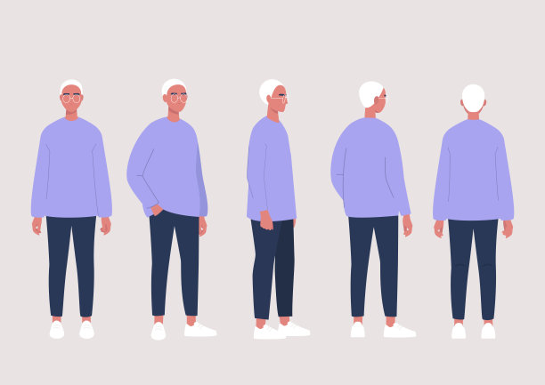 年轻男性角色的姿势收集:正面，侧面和背面的观点图片下载