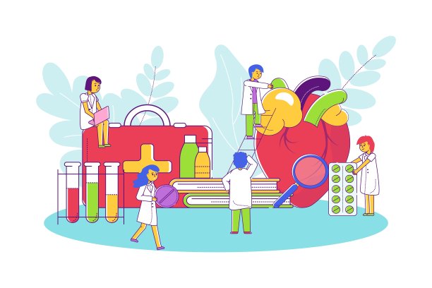 心脏病心脏病矢量插图，卡通线平微型心脏病专家人们把心脏健康概念孤立在白色上图片下载