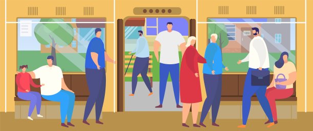 人们在公交车站站台下车矢量插图，卡通平面乘客人物上下班在繁忙的公共交通内部图片下载