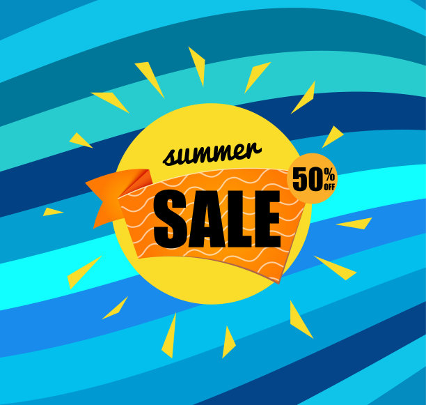 明亮的太阳在蓝色的海洋背景。夏季插图与文字-夏季销售的50%。条纹的背景。图片下载