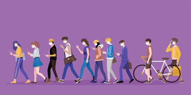 人们戴着口罩走路、使用智能手机、发短信和说话的插图。向量图片下载