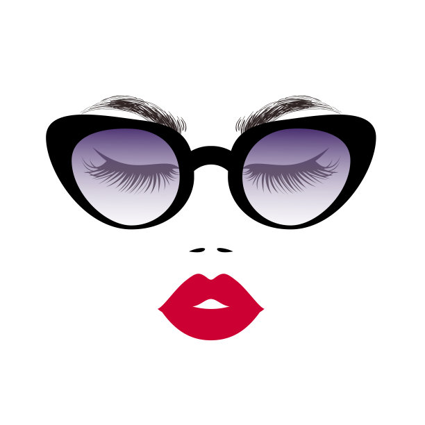 时尚的女人在时尚的太阳镜，印花图案的t恤，抽象的壁纸背景。美丽的标志。矢量插图。素材图片