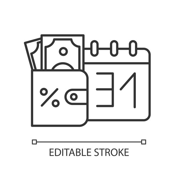 信用货币线性图标。发薪日贷款。货币的钱包。每月偿还贷款。预算管理。细线说明。轮廓的象征。矢量孤立轮廓绘制。可编辑的中风图片下载