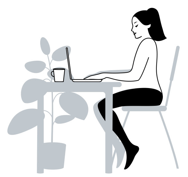 一个年轻的女人在家里用笔记本电脑工作，一个自由职业者的概念，矢量插图在黑色，白色和灰色的颜色。素材图片