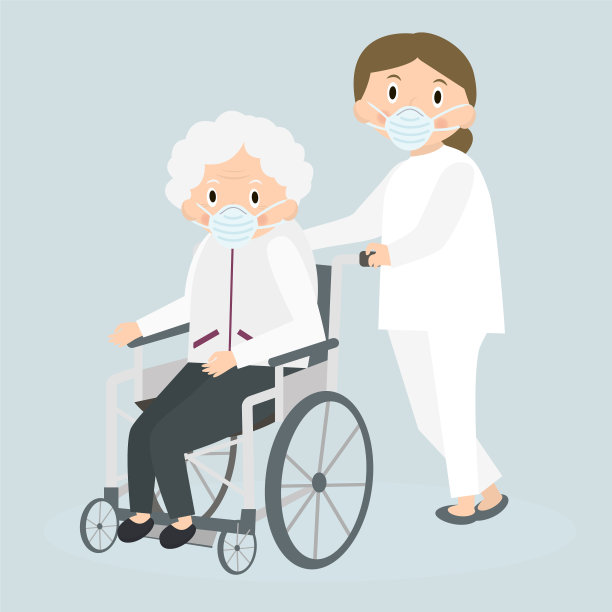 残疾老妇和戴医用口罩的医务工作者。坐轮椅的残疾老妇人。特殊需要的女人。老年保健。矢量插图。图片下载