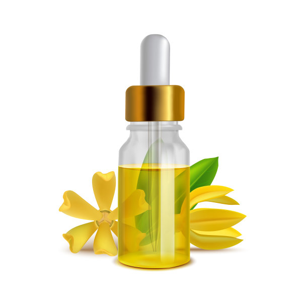 依兰依兰油瓶与树叶在现实主义风格图片下载