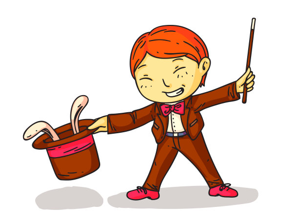 小魔术师在白色的兔子上表演魔术图片下载