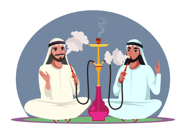 矢量人物阿拉伯人一起抽水烟图片下载