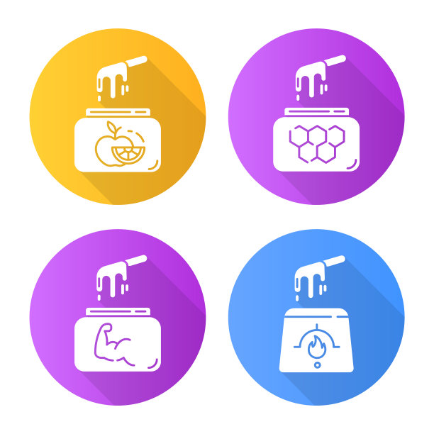 硬热蜡平设计长影字形图标集。天然水果，蜜蜡，用刮刀装在罐子里。脱毛。脱毛的工具。美容化妆品。向量轮廓图图片下载