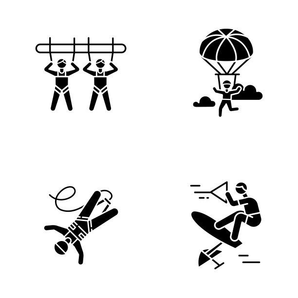 空气极限运动字形图标集。巨大的秋千，跳伞，蹦极和滑水。户外活动。肾上腺素娱乐和冒险娱乐。向量孤立的插图图片下载