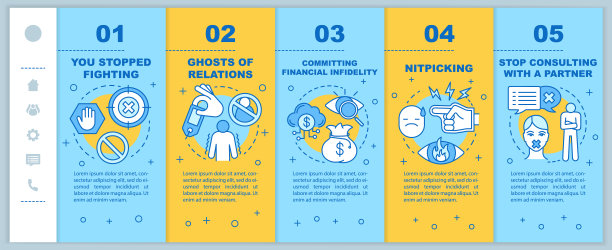 在移动网页矢量模板上的关系问题。响应智能手机网站界面与线性插图的想法。网页演练步骤屏幕。颜色的概念图片下载