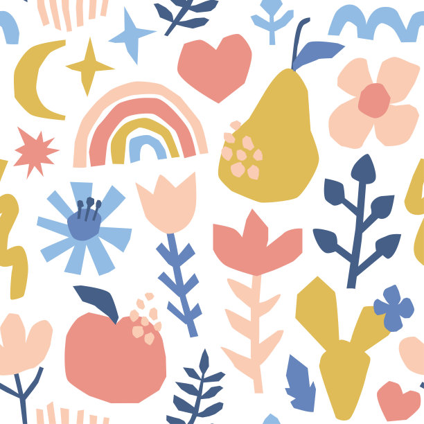 剪出形状无缝图案在白色的背景与彩虹，水果和花。当代时尚的面料和封面设计，幼稚的风格。可爱的拼贴画。图片下载