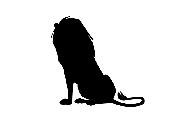 黑色剪影骄傲有力可爱的狮子坐在地上人物卡通风格的动物设计平面矢量插图孤立在白色的背景图片下载