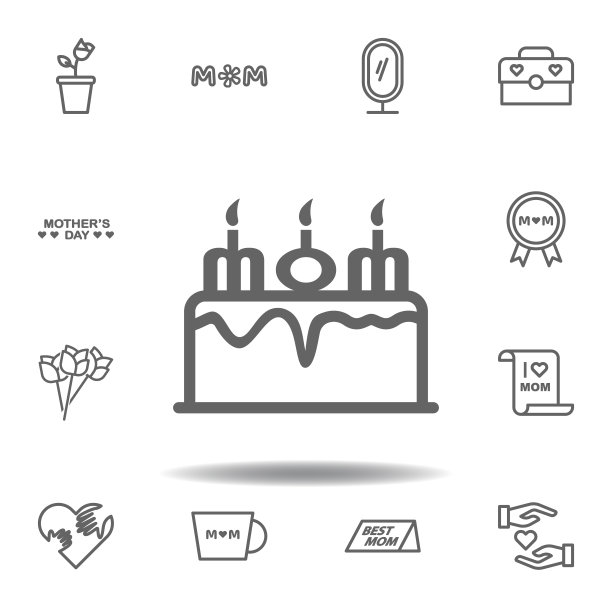 母亲节蛋糕轮廓图标。一套母亲节插图图标。标志和符号可以用于网页，标志，移动应用程序，UI, UX在白色背景图片下载