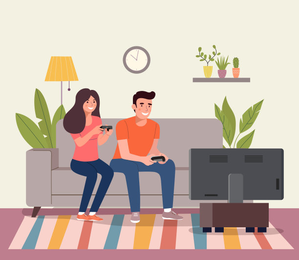 年轻的女人和男人在沙发上玩电子游戏。矢量平面样式插图图片下载