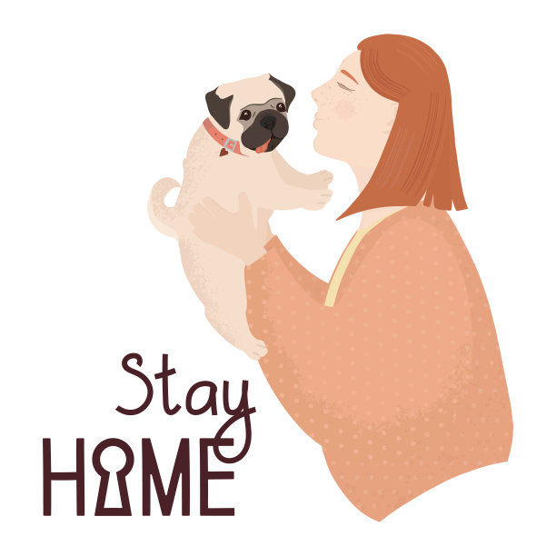 红头发的女孩抱着一只哈巴狗。滑稽的哈巴狗伸出舌头。刻字呆在家里。女孩吻狗。矢量平面插图。图片下载