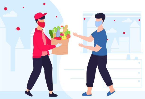 新冠肺炎。冠状病毒。外卖员戴着防护口罩送餐。男子迎接快递员。安全交付。隔离。自我隔离图片下载