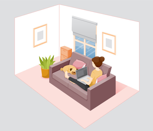 妇女呆在家里，保持安全，用笔记本电脑在家里工作，学习，在家里购物，和狗一起坐在沙发上，自我隔离，保护自己免受冠状病毒病和Covid-19图片下载