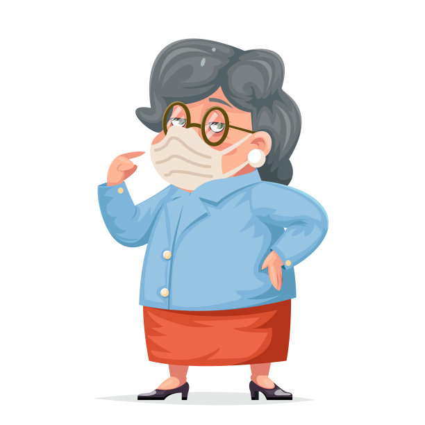 戴防护口罩的奶奶女人奶奶性格成人卡通设计矢量插图图片下载