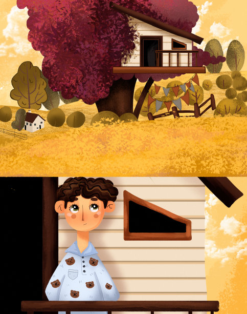 一个令人愉快的夏日清晨插图，当每个人刚刚起床。穿着睡衣的男孩欣赏着树屋散发出来的美丽景色。图片下载