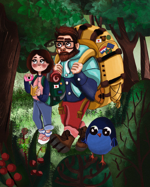 一家人去森林旅行，带着满满的行李和食物，在美丽的森林里有蓝鸟和可爱的虫子。图片下载