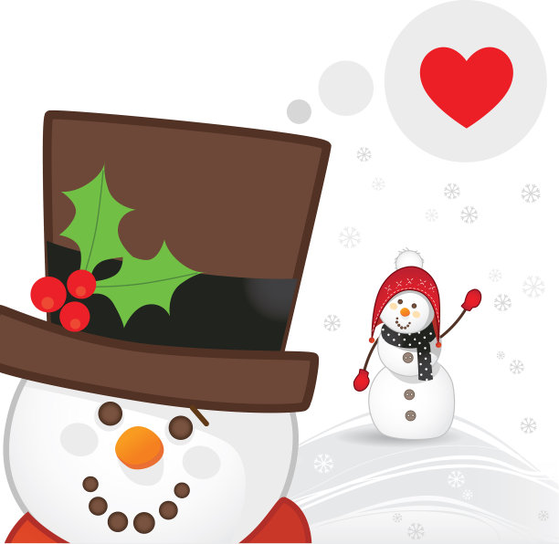 圣诞贺卡与一个可爱的雪人与帽子思考爱和欢乐的特写图片下载