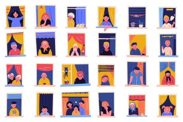 呆在家里激励横幅。人们因隔离待在家里，工作，学习，弹吉他，读书。砖的房子前面。图片下载