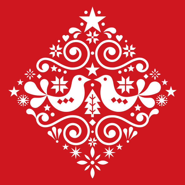 圣诞斯堪的纳维亚民间花卉艺术矢量设计方形或钻石形状，可爱的冬季北欧图案与鸟类、圣诞树和雪花图片下载