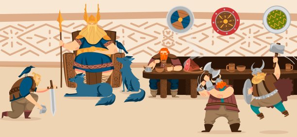 维京人和斯堪的纳维亚武士就餐卡通矢量插图图片下载