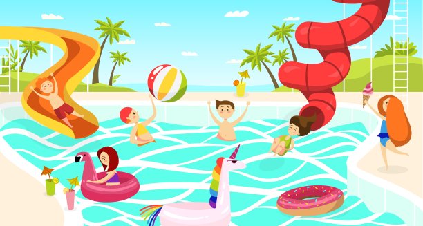 夏季儿童水上乐园，女孩和男孩玩滑车图片下载