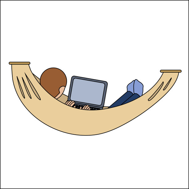 一个商人坐在吊床上和他的笔记本电脑一起工作。工作的地方。卡通矢量图图片下载