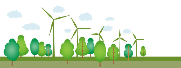 生态理念与环境保护。绿树和可再生能源与风力发电机。图片下载