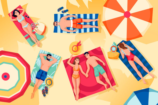 人们在海滩上放松和晒日光浴。矢量顶视图插图。夏季户外休闲、度假、度假概念。图片下载