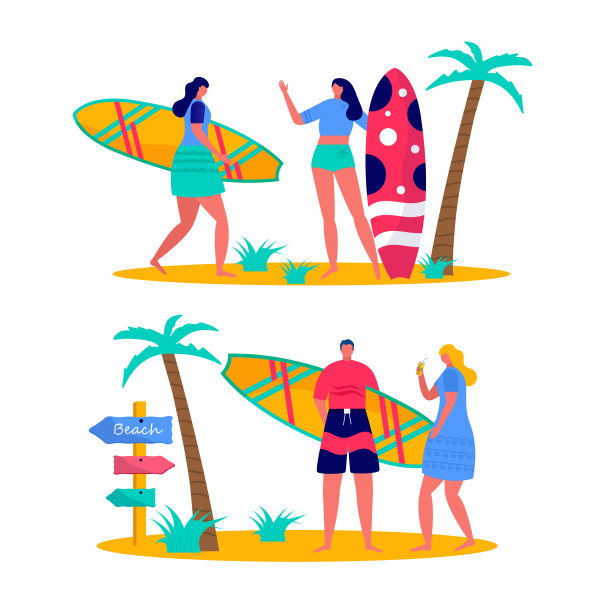 人们穿着冲浪板在沙滩上冲浪。年轻的男女在大海上享受假期。夏季运动概念和户外休闲活动隔离在白色背景上。平面向量图片下载