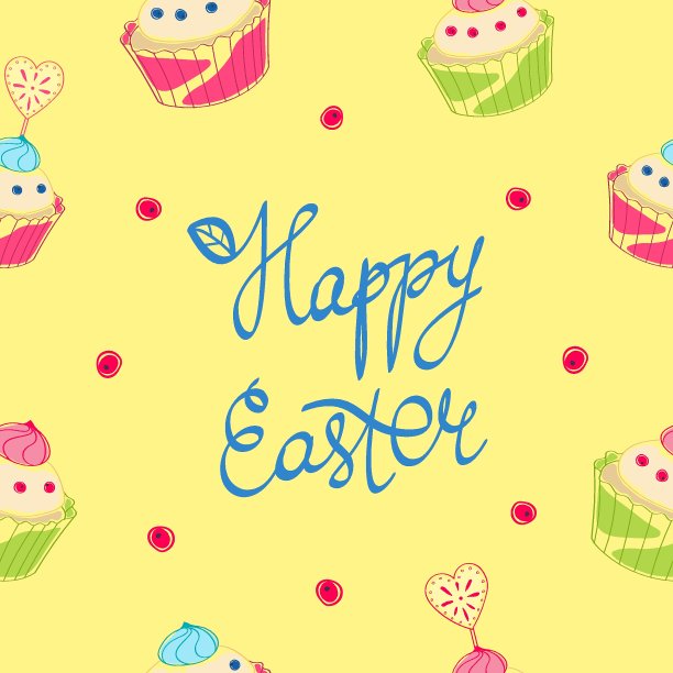 复活节快乐无缝图案。黄色背景上有手写字母的蛋糕。股票矢量插图。彩色无缝质地的复活节蛋糕。宗教节日。图片下载