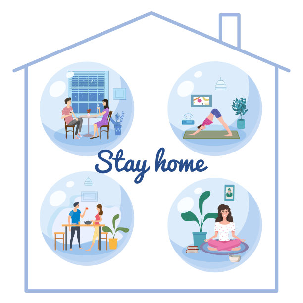 设置居家隔离概念横幅自我隔离。年轻夫妇和妇女坐在家里喝着茶咖啡，练习瑜伽，冥想。社交媒体宣传和新冠肺炎疫情防控。向量孤立的插图图片下载
