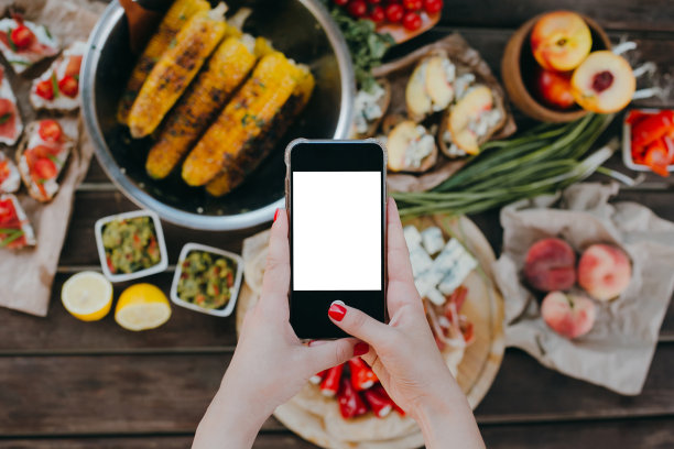 手拍照的夏天野餐或烧烤食物。选择蔬菜，三明治，烤玉米和肉图片下载