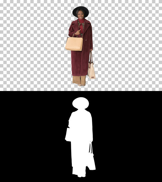 戴着帽子拿着购物袋微笑的漂亮女人，阿尔法图片下载