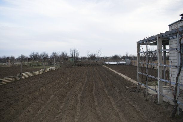 在一所乡村房子附近，土地挖出了一大片土地。图片下载